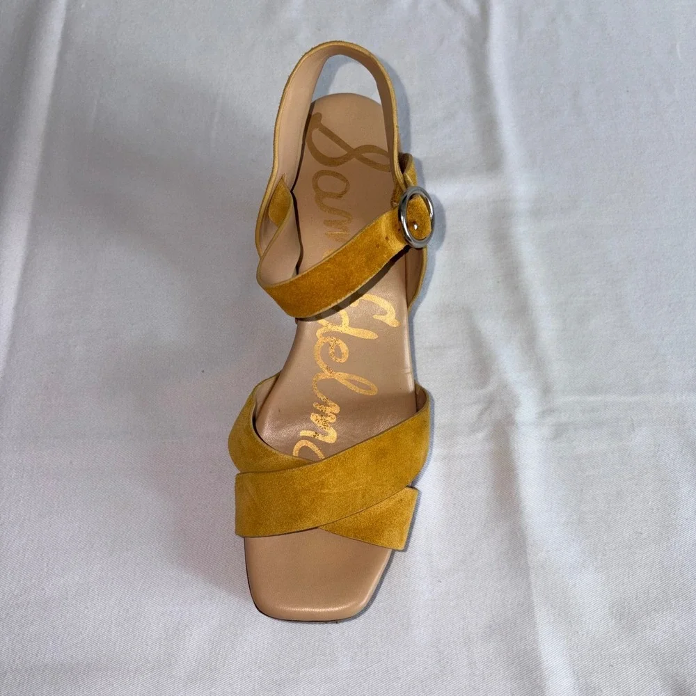 Sam Edelman Josephine platform Sandals 8.5 Mustard Yellow Suede Wood Block Heel